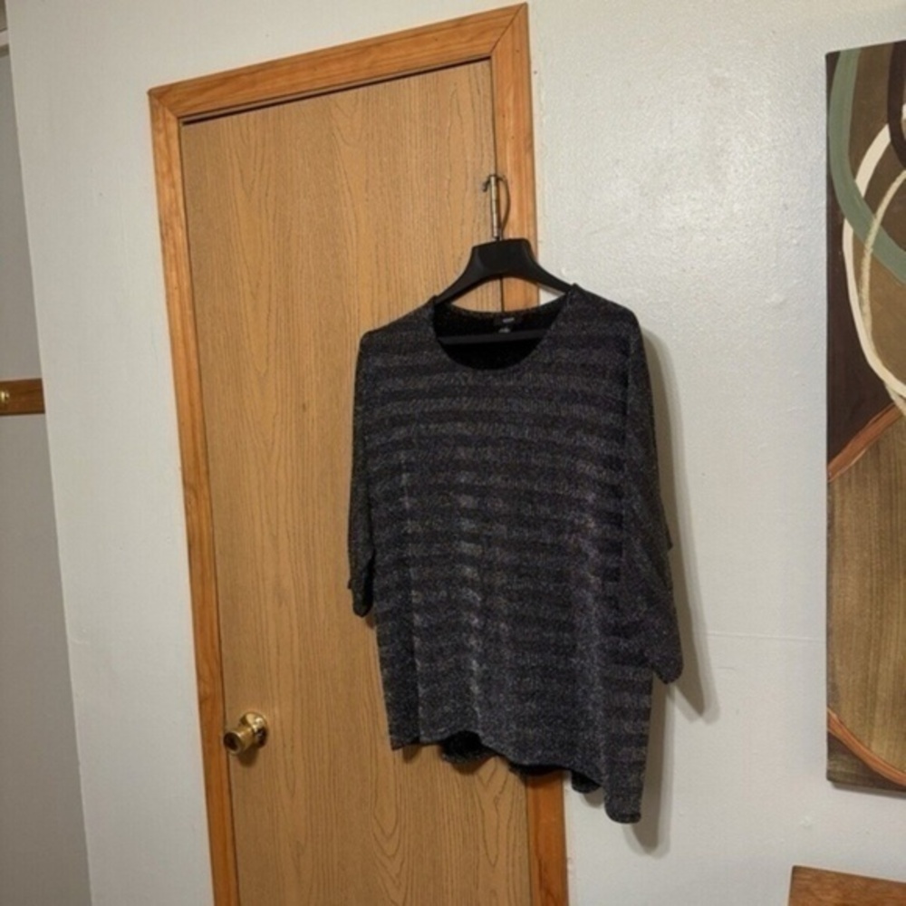 Alfani Size 2X Black & Silver Metallic Striped Blouse w/Dolman Sleeves - EUC